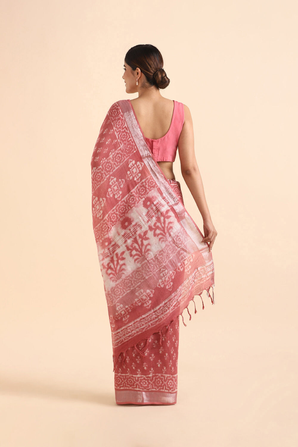 Pink Pure Cotton Linen Bagru Printed Saree image number null