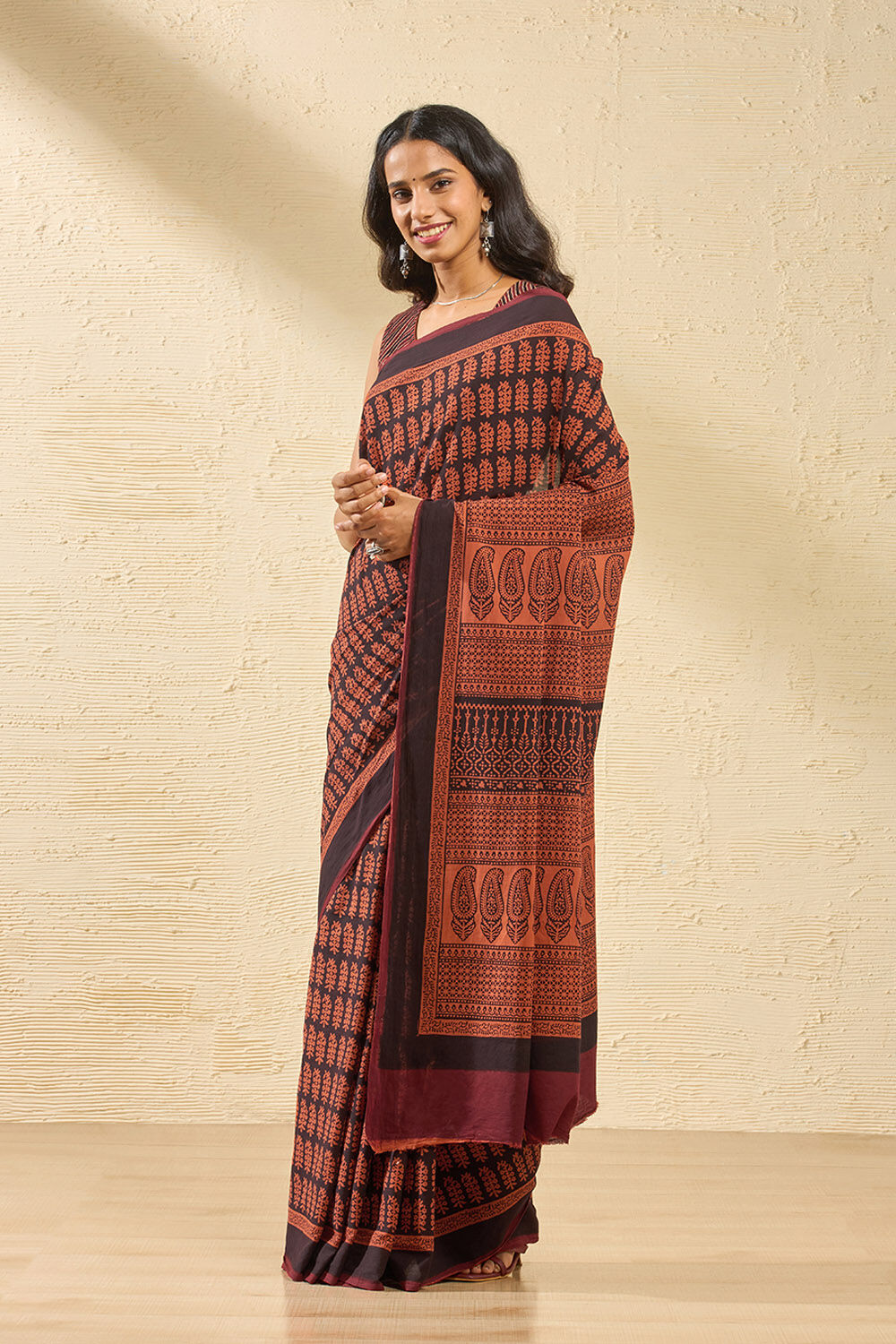 Dark Orange Bagh Block Printed Pure Cotton Saree image number null
