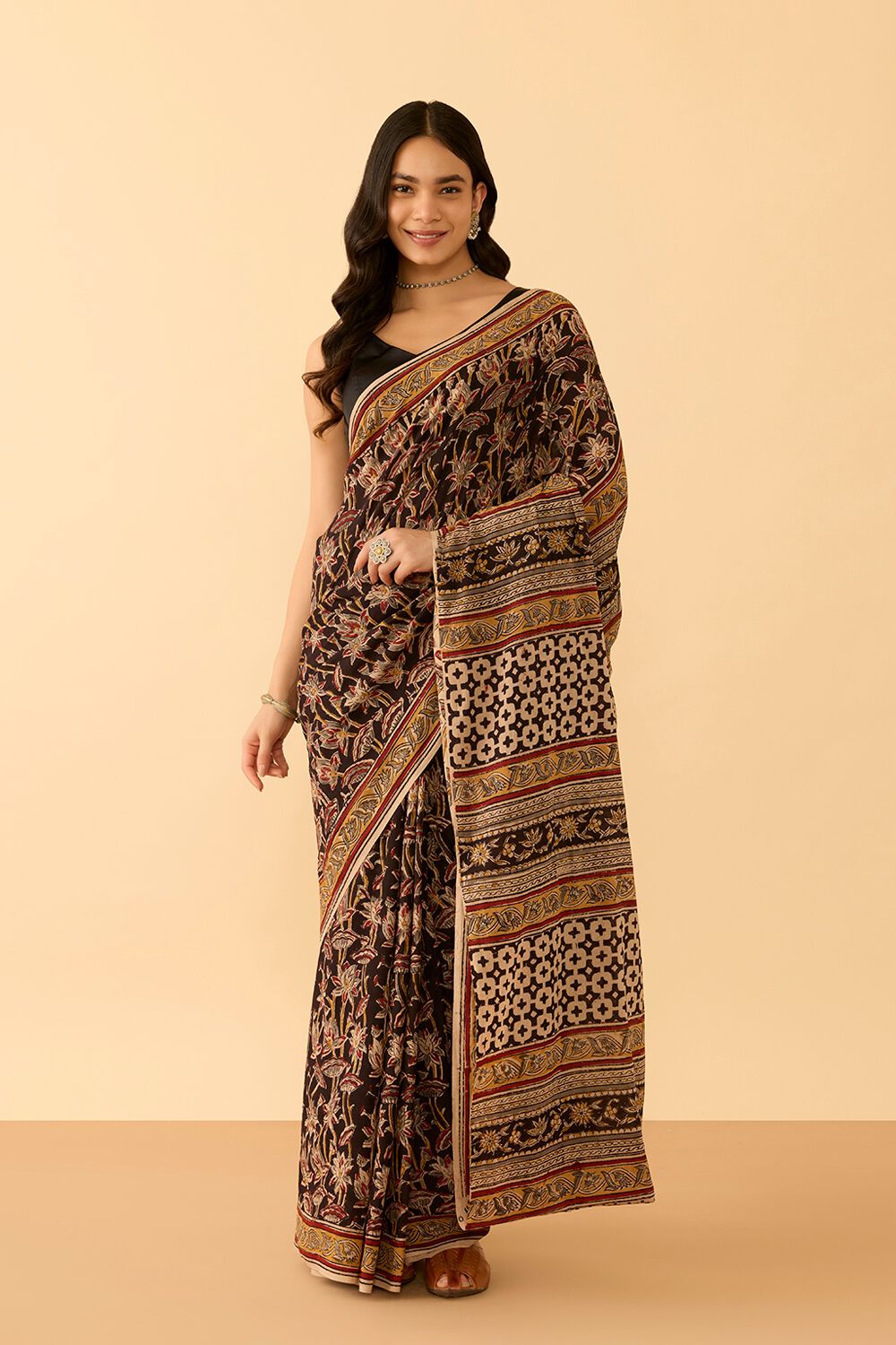 Black Printed Kalamkari Machilipatnam Pure Cotton Saree image number null