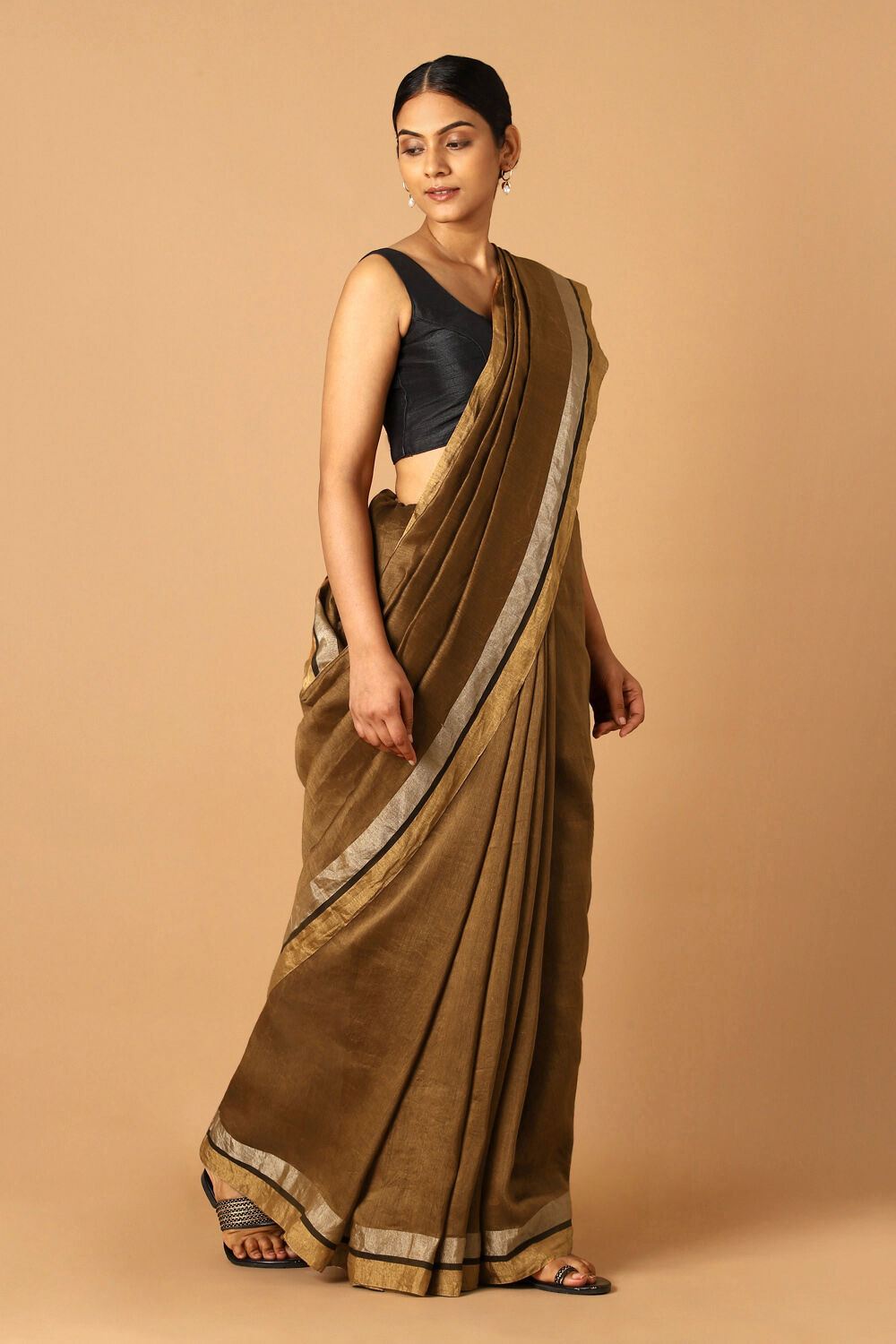 Brown Pure Silk Linen Jamdani Saree image number null