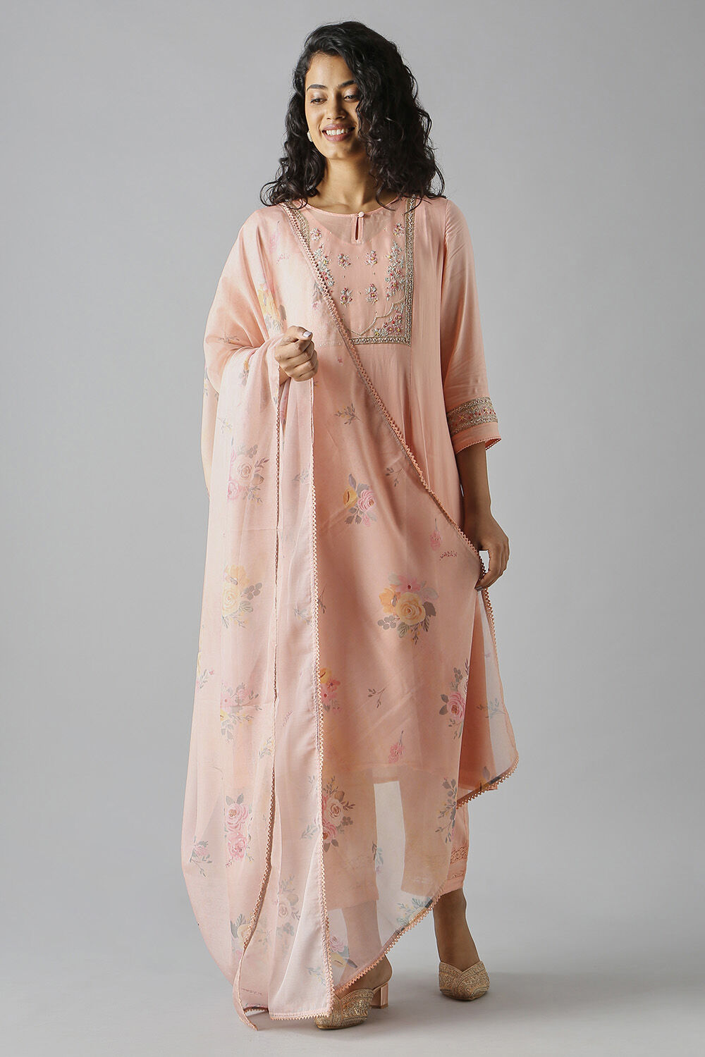 Light Pink Embroidered Viscose Kurta Set image number null