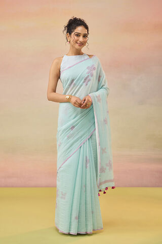 Light Blue Bengal Pure Silk Cotton Hand Painted Embroidered Saree image number