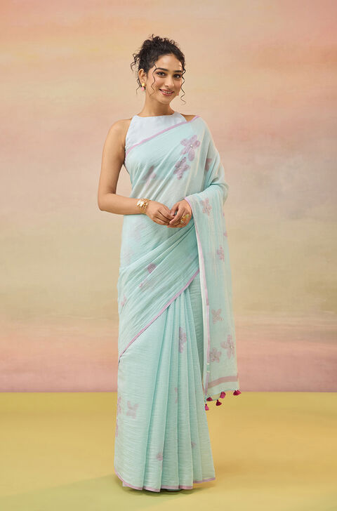 Light Blue Bengal Pure Silk Cotton Hand Painted Embroidered Saree