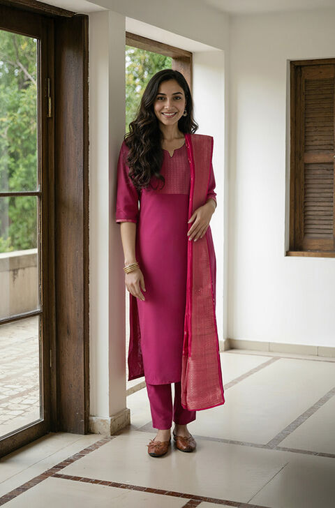 Dark Pink Pure Viscose Brocade Kurta Set