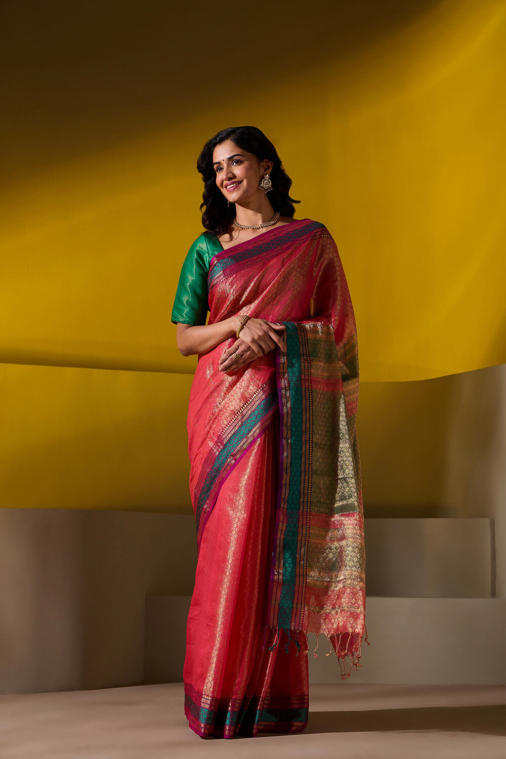 Pink Brocade Pure Silk Cotton Maheshwari Saree image number null