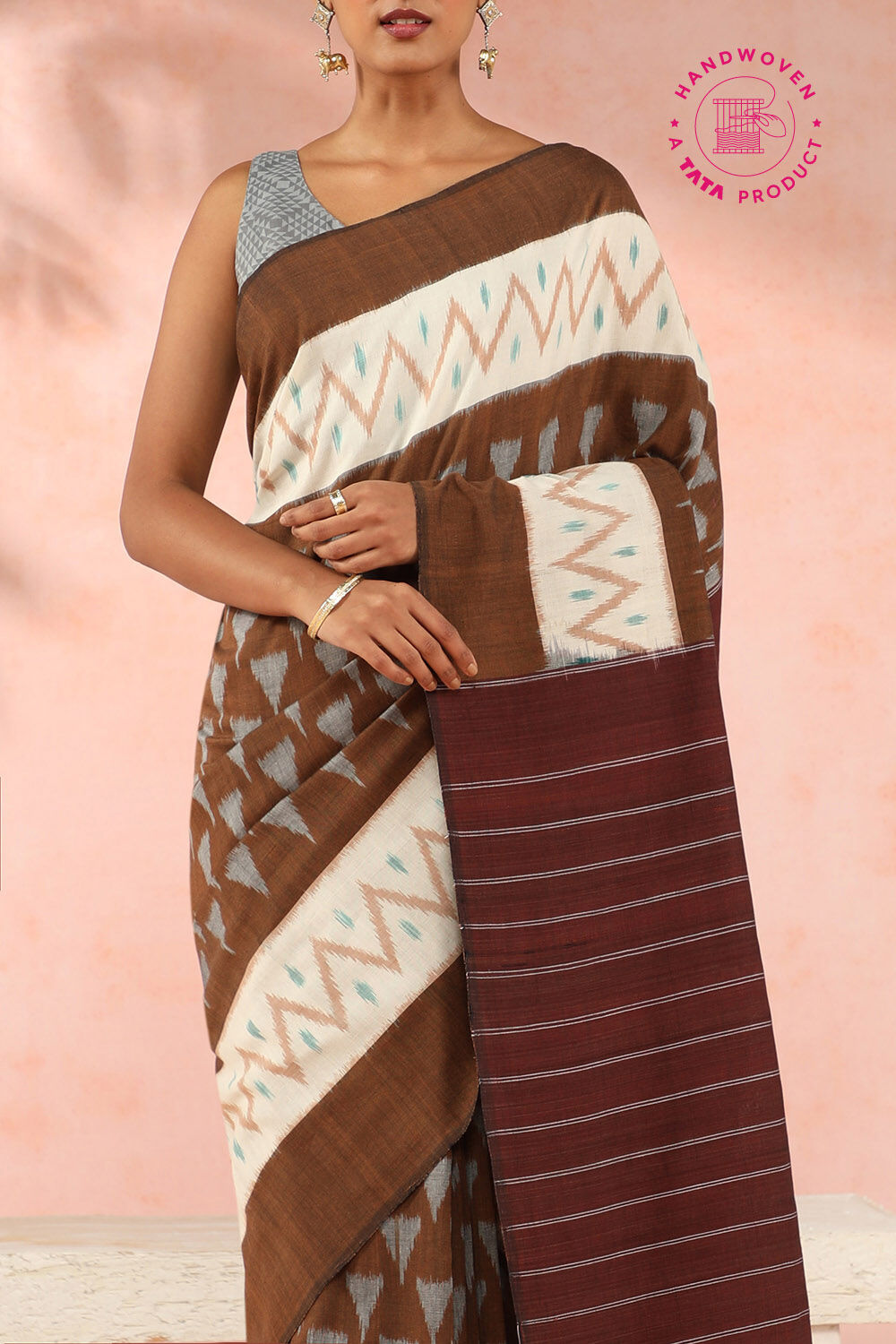 Brown Pure Cotton Pochampalli Ikat Saree image number null