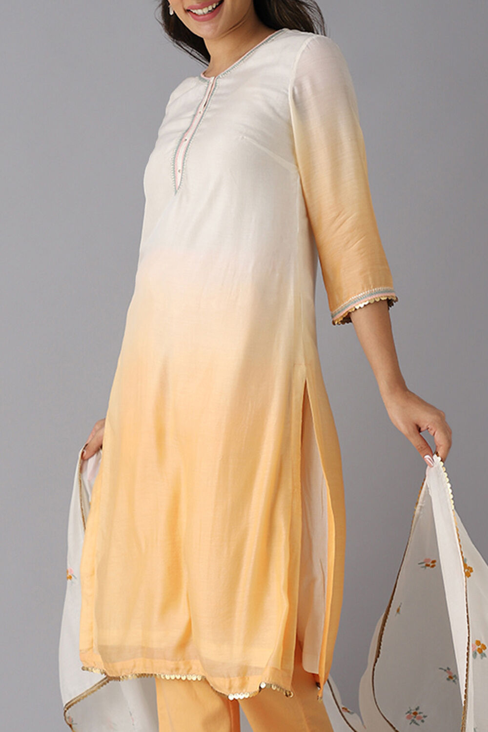 Off White and Light Orange Viscose Embroidered Kurta Set image number null