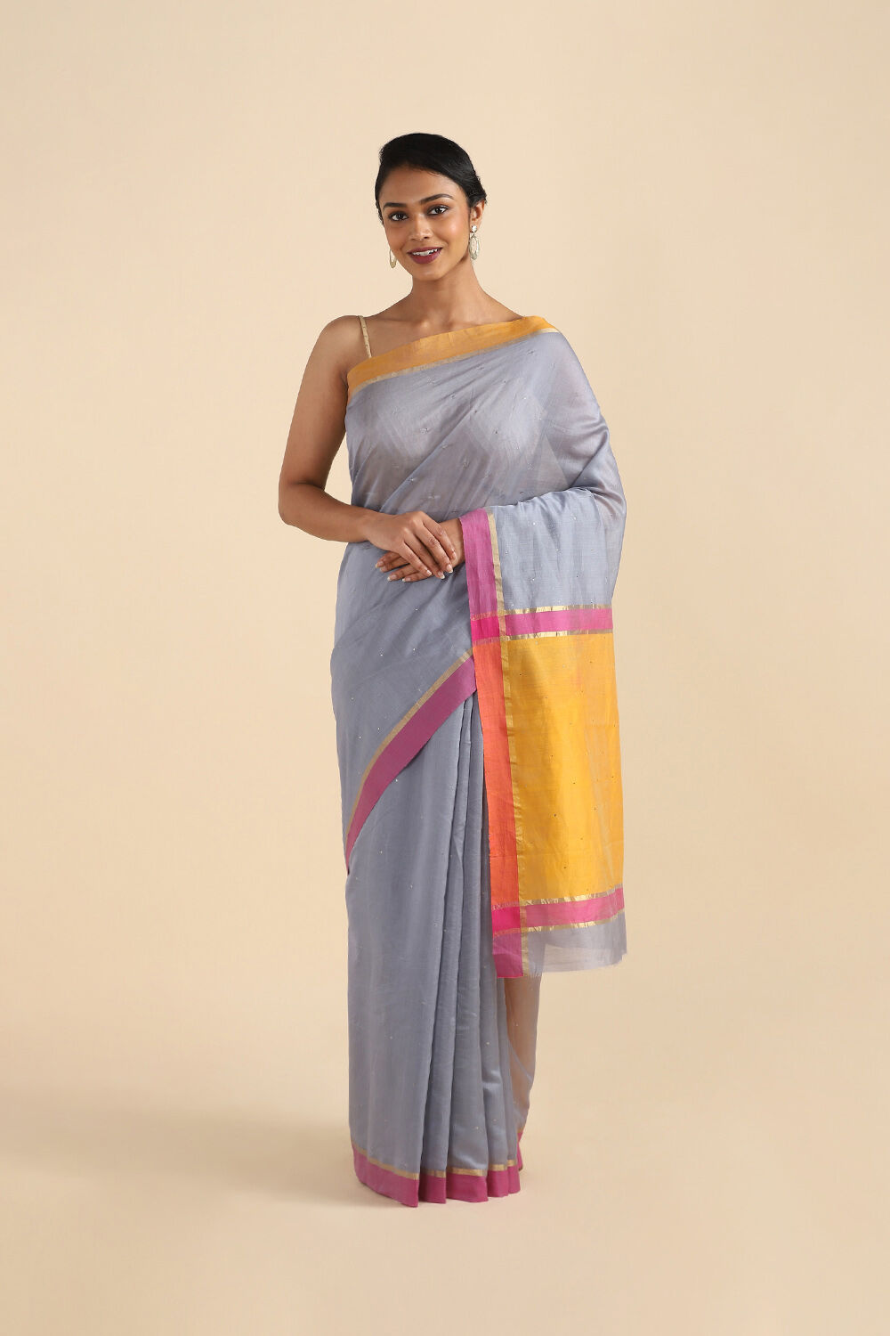 Grey Pure Silk Cotton Mukaish Work Saree image number null