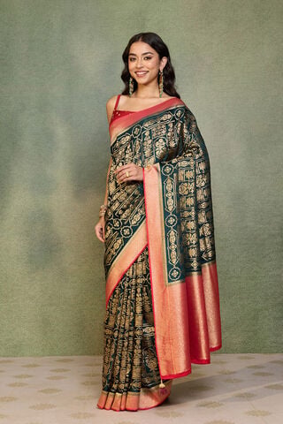 Green Woven Viscose Satin Saree image number