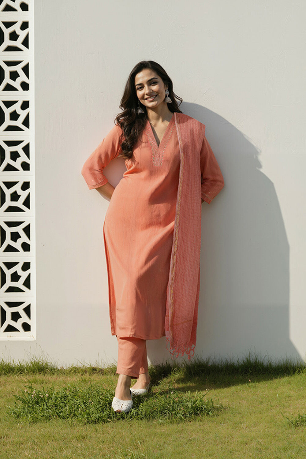Orange Pure Cotton Embroidered Kurta Set image number null