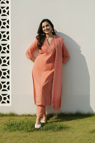 Orange Pure Cotton Embroidered Kurta Set image number