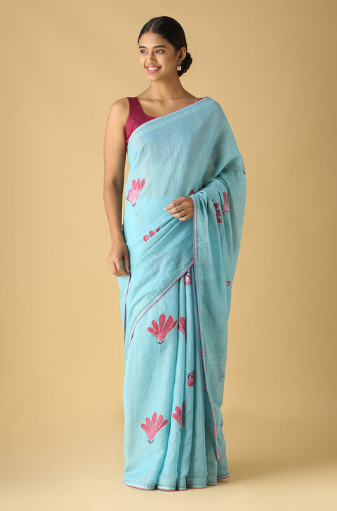 Light Blue Pure Cotton Tissue Painted Saree