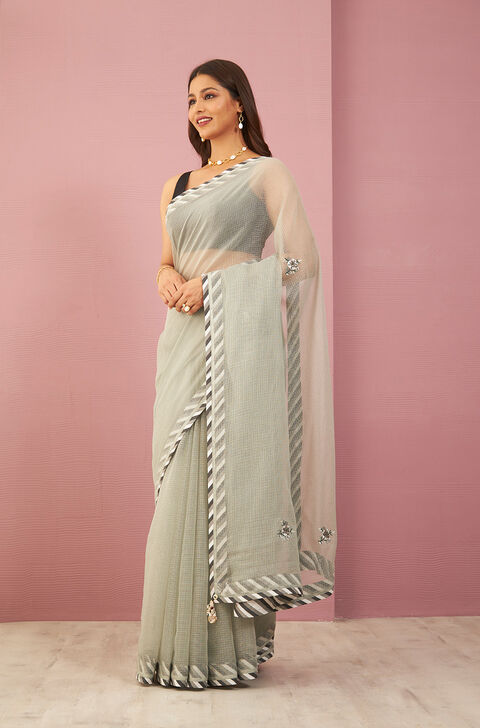 Grey Pure Kota Embroidered Saree