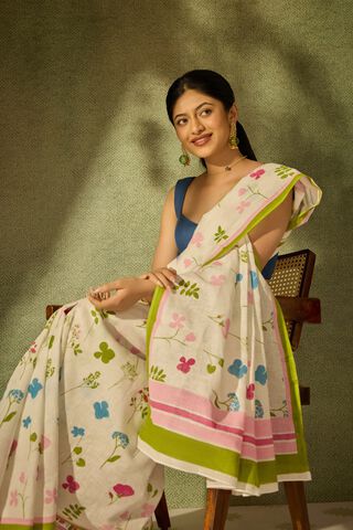 Off White Screen Printed Pure Linen Saree image number