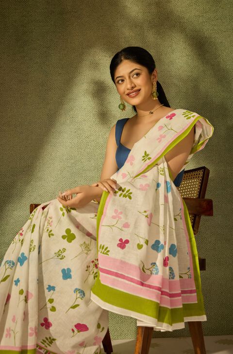 Off White Screen Printed Pure Linen Saree
