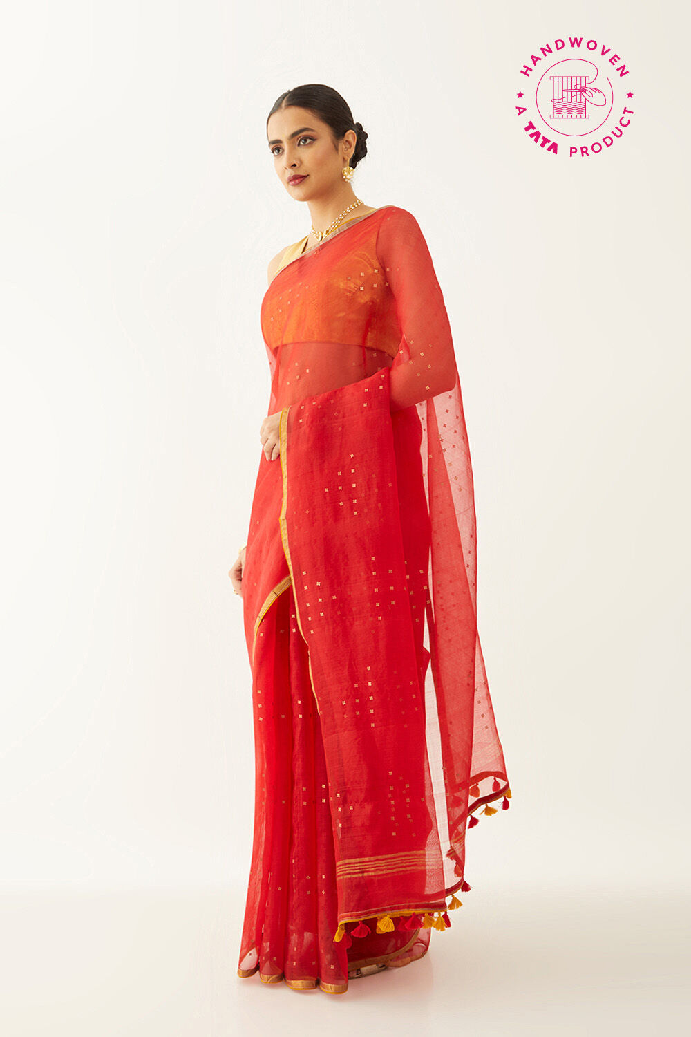 Red Pure Silk Organza Woven Saree image number null