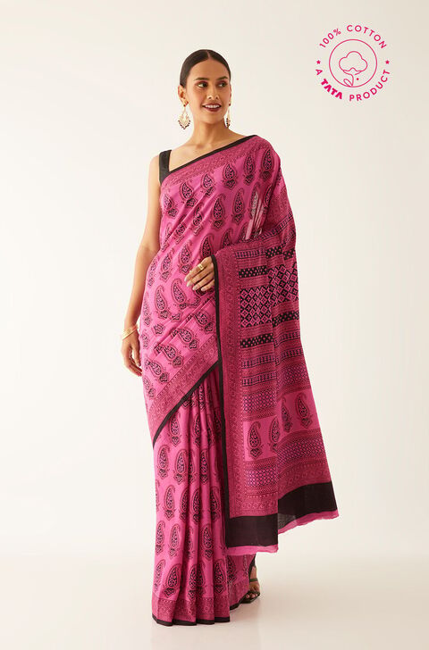 Pink Pure Cotton Bagh Printed Saree