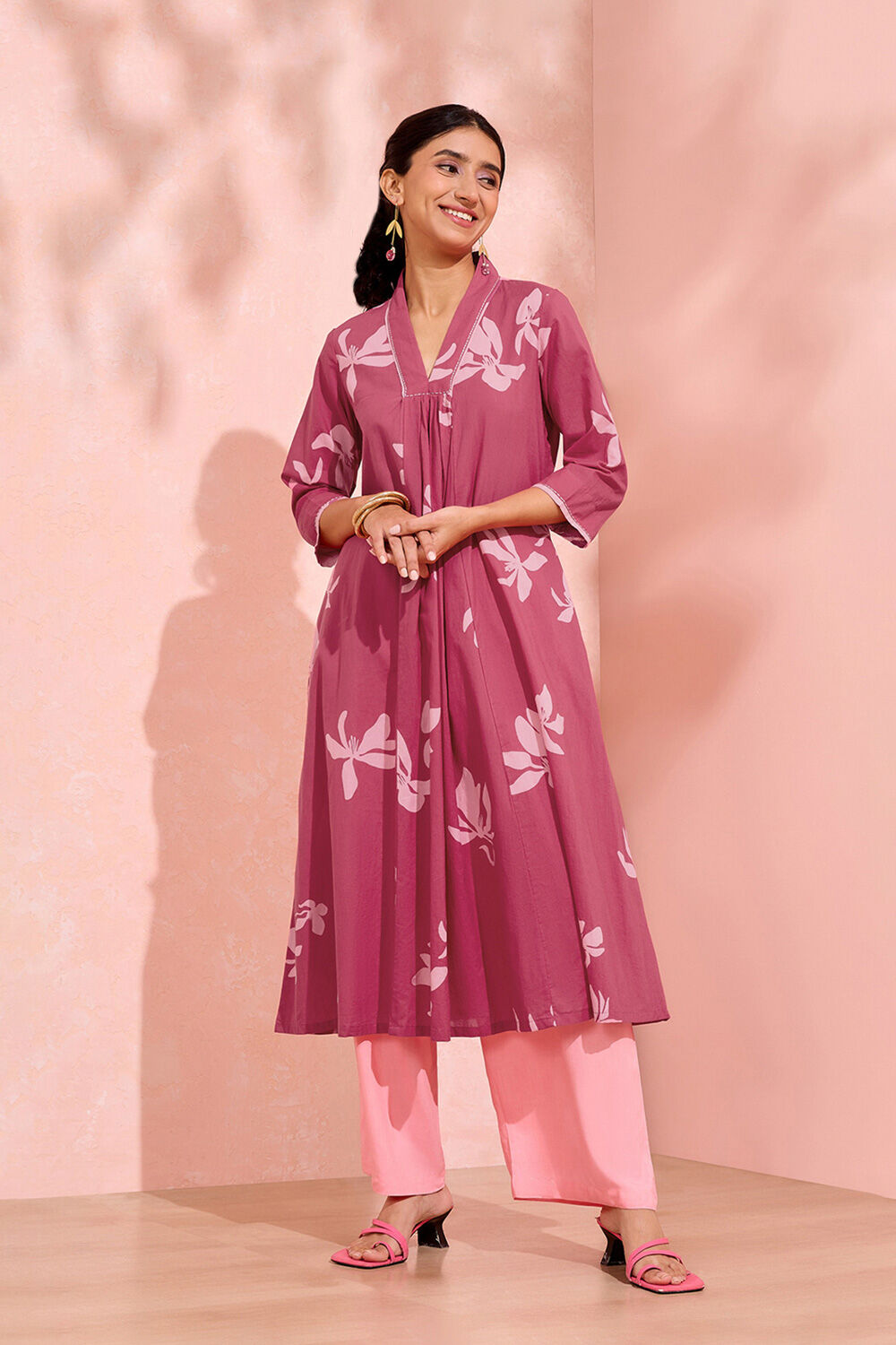 Dark Pink Screen Printed Pure Cotton Kurta image number null