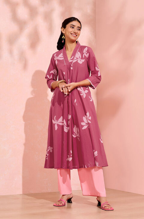 Dark Pink Screen Printed Pure Cotton Kurta