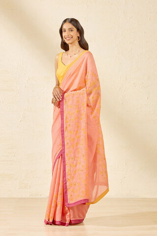 Peach Pure Silk Cotton Block Printed Bengal Saree thumbnail image number null
