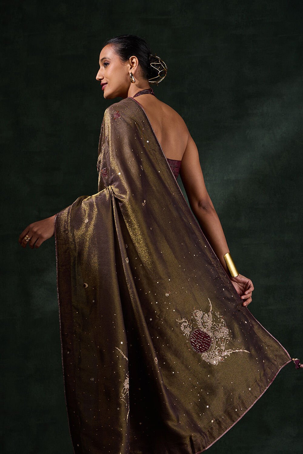Brown Viscose Tissue Embroidered Saree image number null