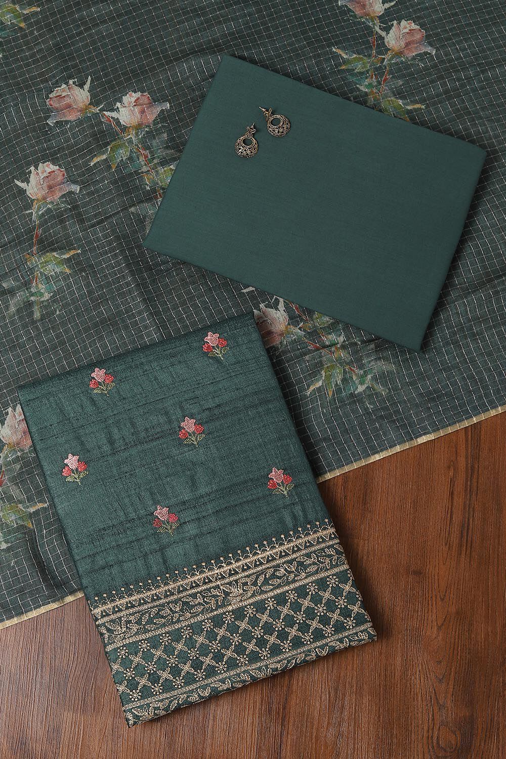 Dark Green Tussar Embroidered Unstitched Suit Set image number null