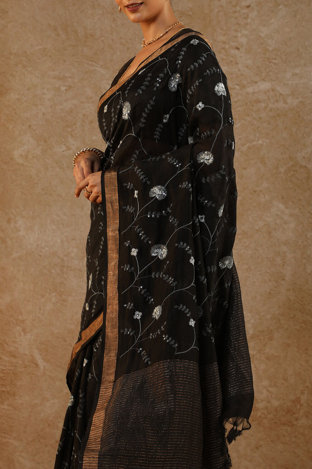 Black Pure Silk Linen Embroidery Bhagalpur Saree image number null