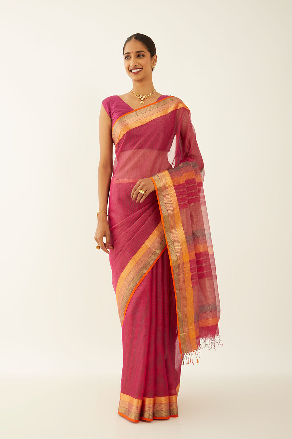 Dark Pink Pure Cotton Tissue Maheshwari Saree image number null
