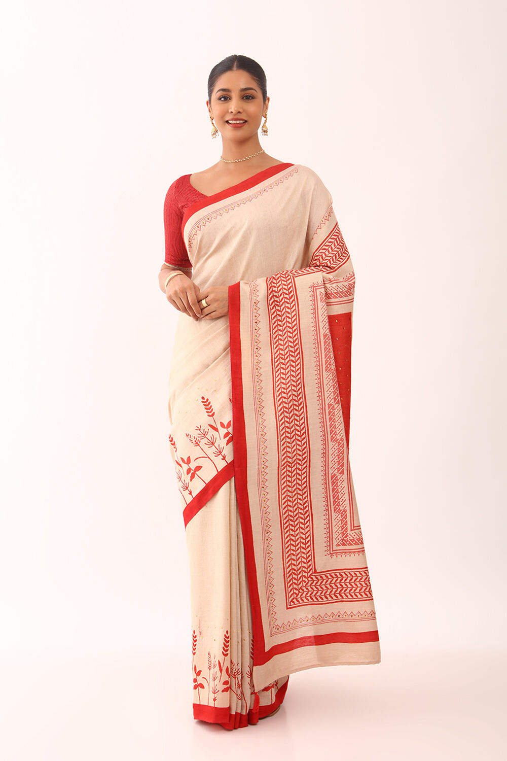 Beige Chattisgarh Block Printed Pure Tussar Silk Saree image number null