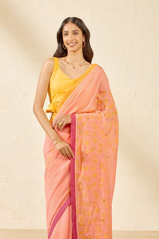 Peach Pure Silk Cotton Block Printed Bengal Saree thumbnail image number null