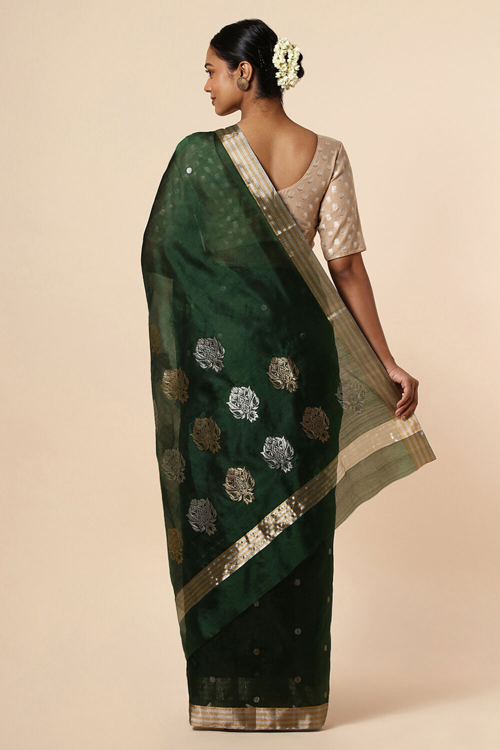 Dark Pure Green Silk Chanderi Saree image number null