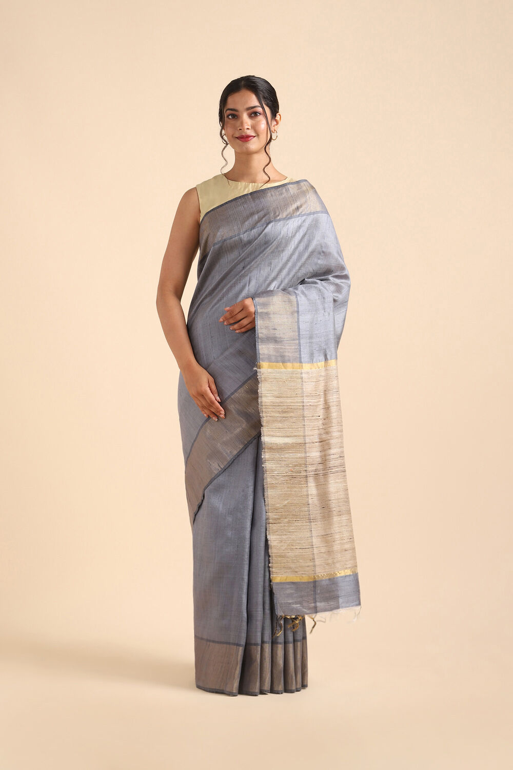 Grey Pure Tussar Silk Bhagalpuri Saree image number null