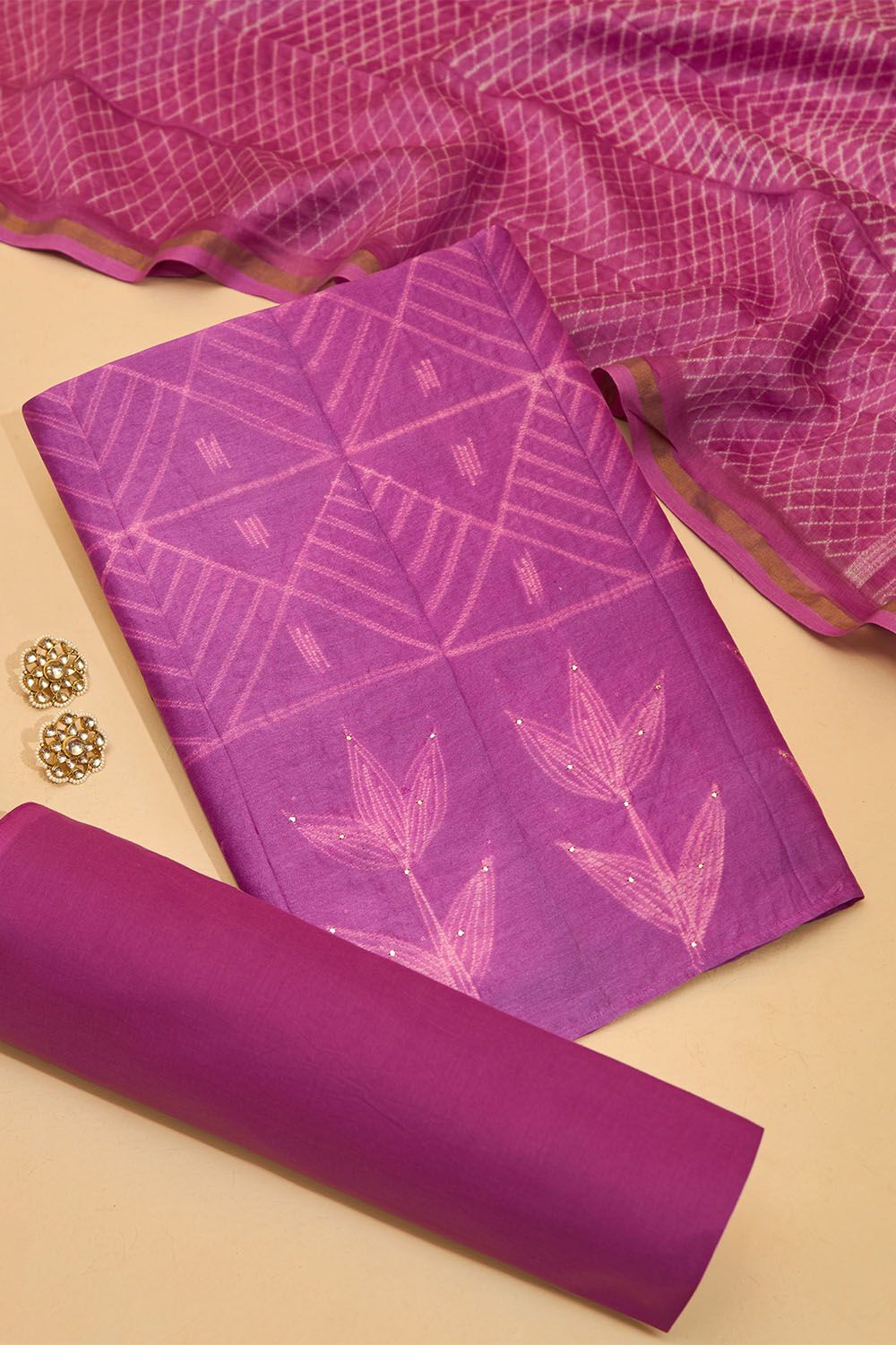 Dark Pink Tie & Dye Shibori Pure Silk Cotton Unstitched Suit Set image number null