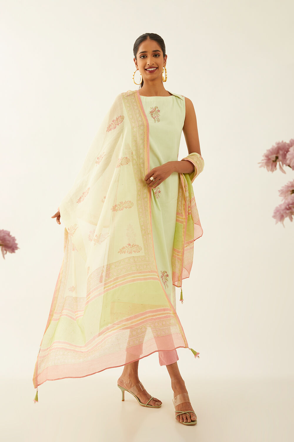 Light Green Silk Cotton Sanganeri Printed Dupatta image number null