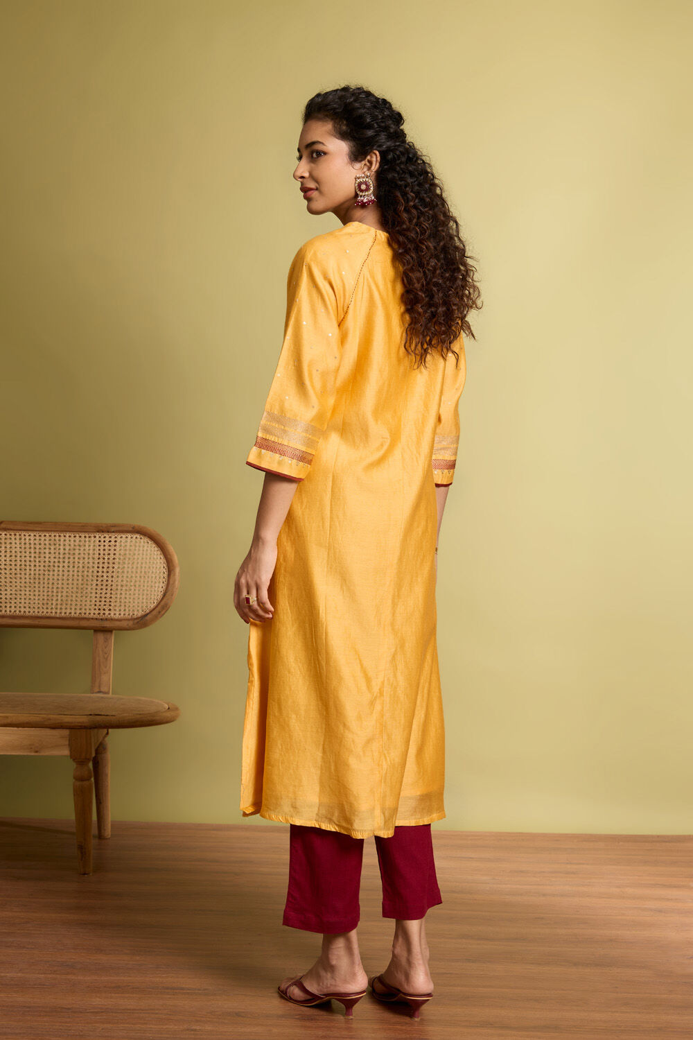 Yellow Pure Silk Cotton Embroidered Kurta image number null