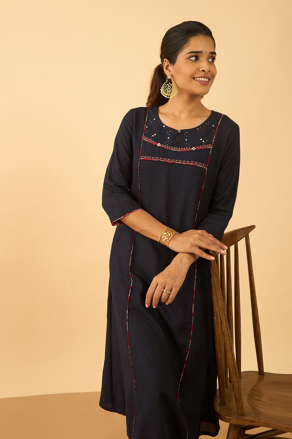 Dark Blue Rayon Cotton Embroidered Kurta image number null