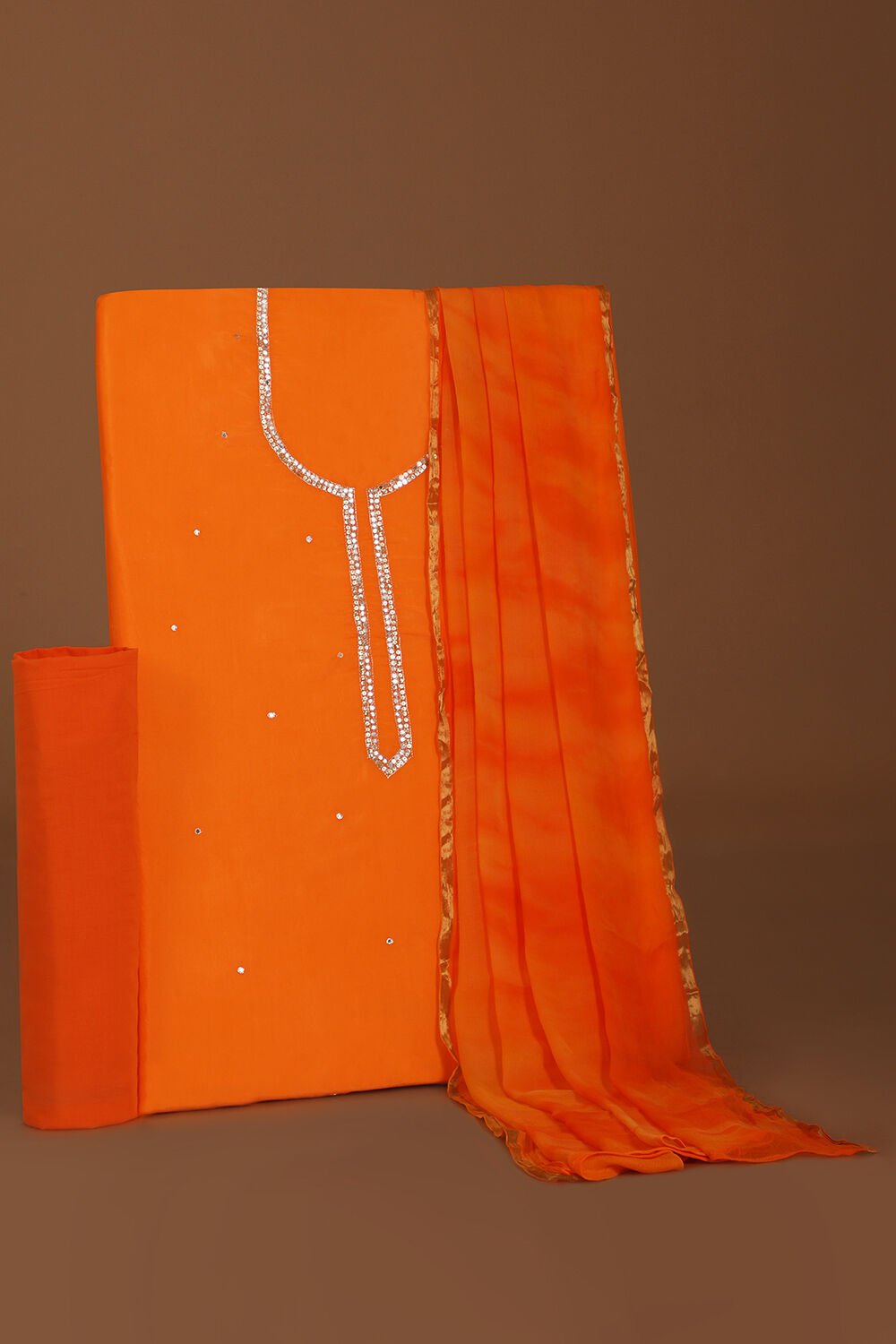 Orange Viscose Embroidery Unstitched Suit Set image number null