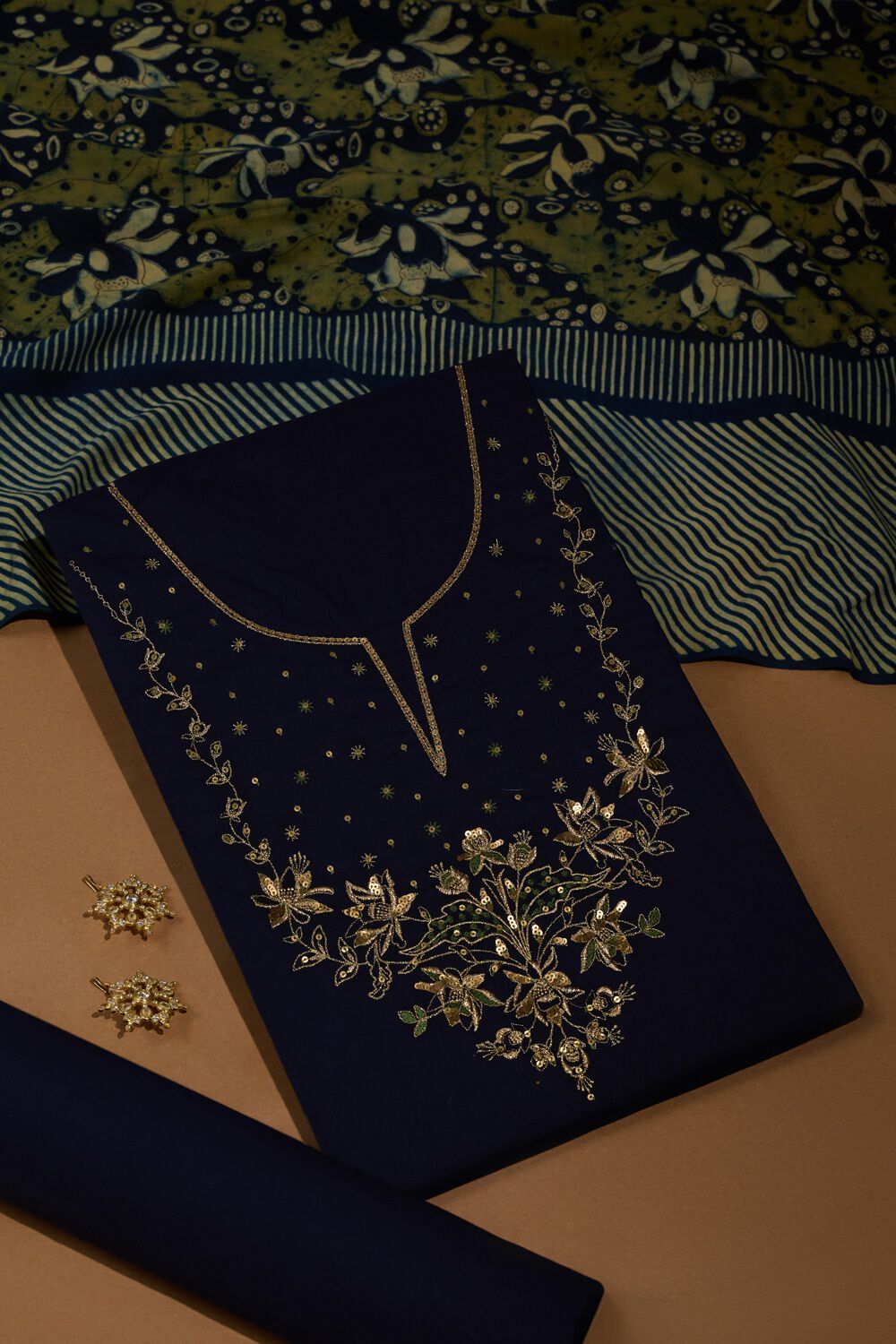 Dark Blue Pure Cotton Ajrakh Embroidered Unstitched Suit Set image number null