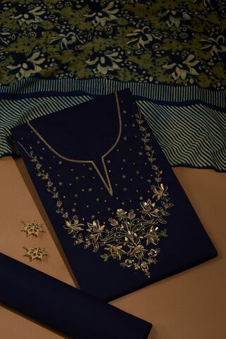 Dark Blue Pure Cotton Ajrakh Embroidered Unstitched Suit Set image number