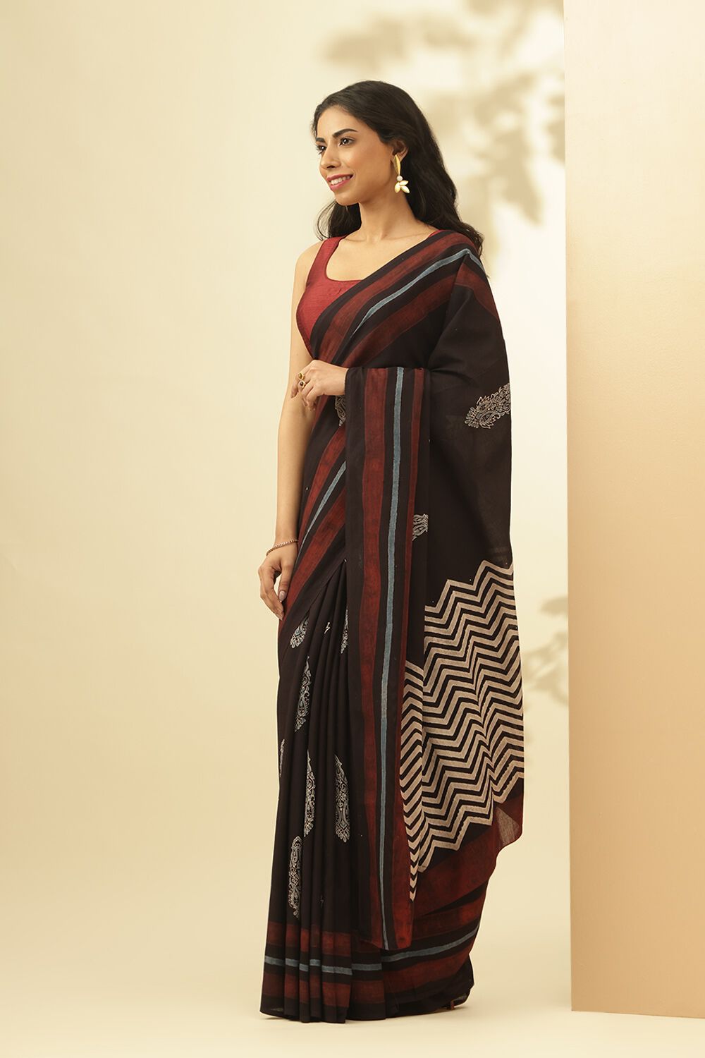 Black Gujarat Pure Cotton Ajrakh Saree image number null