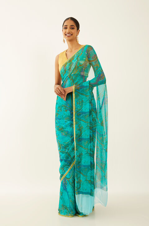 Blue Viscose Chiffon Printed Saree
