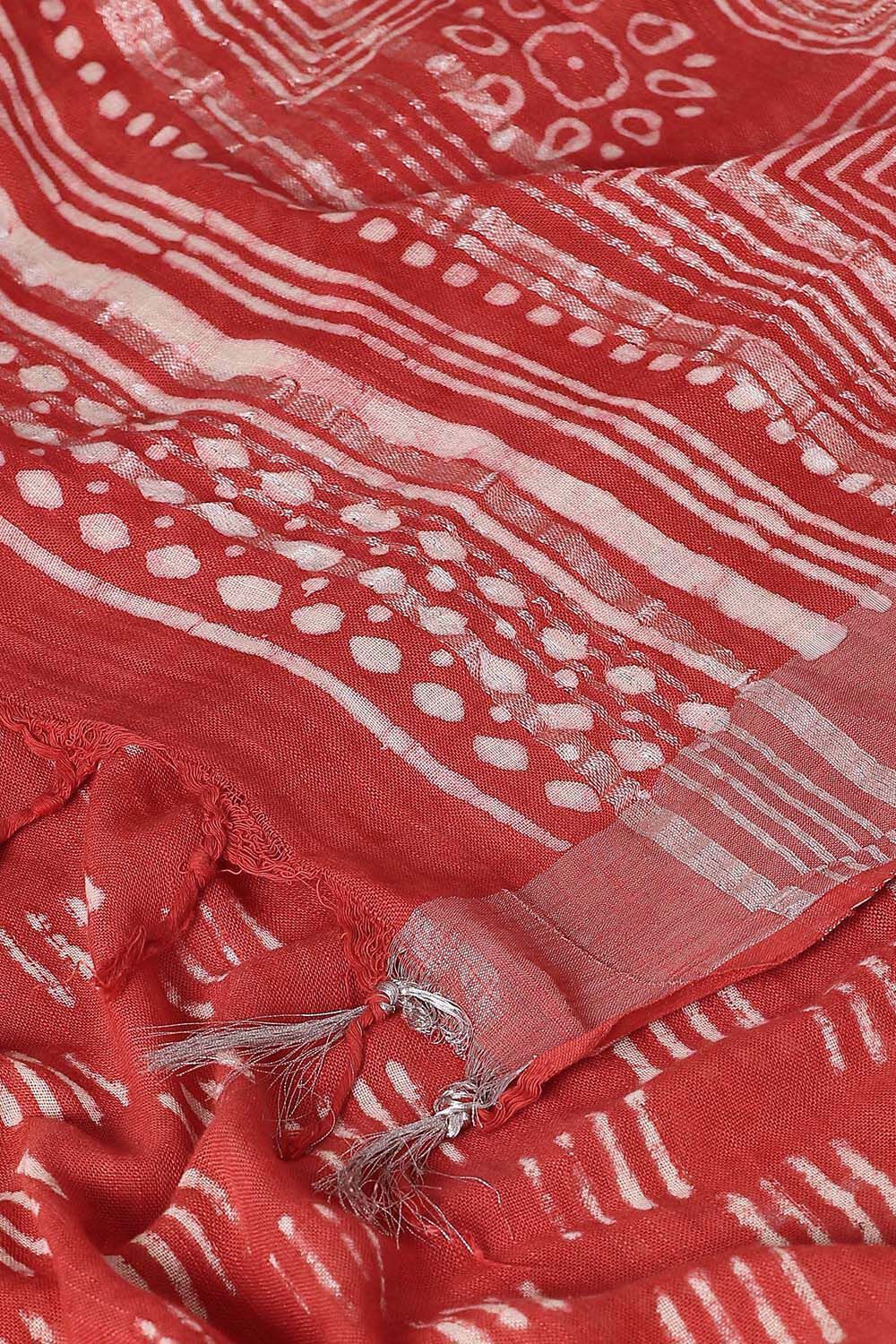 Red Pure Cotton Linen Bagru Printed Saree image number null