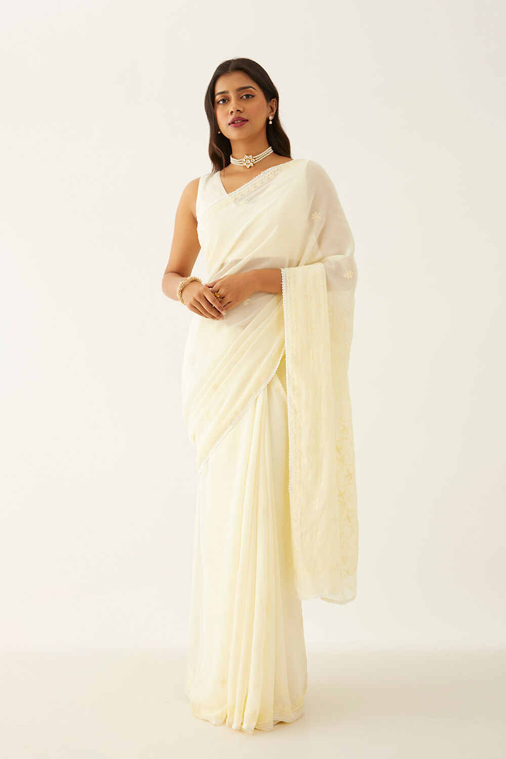 Light Yellow Pure Silk Georgette Lucknow Chikankari Saree image number null