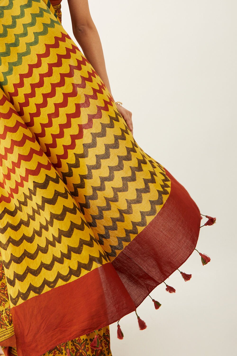 Yellow Pure Cotton Ajrakh Block Print Saree image number null