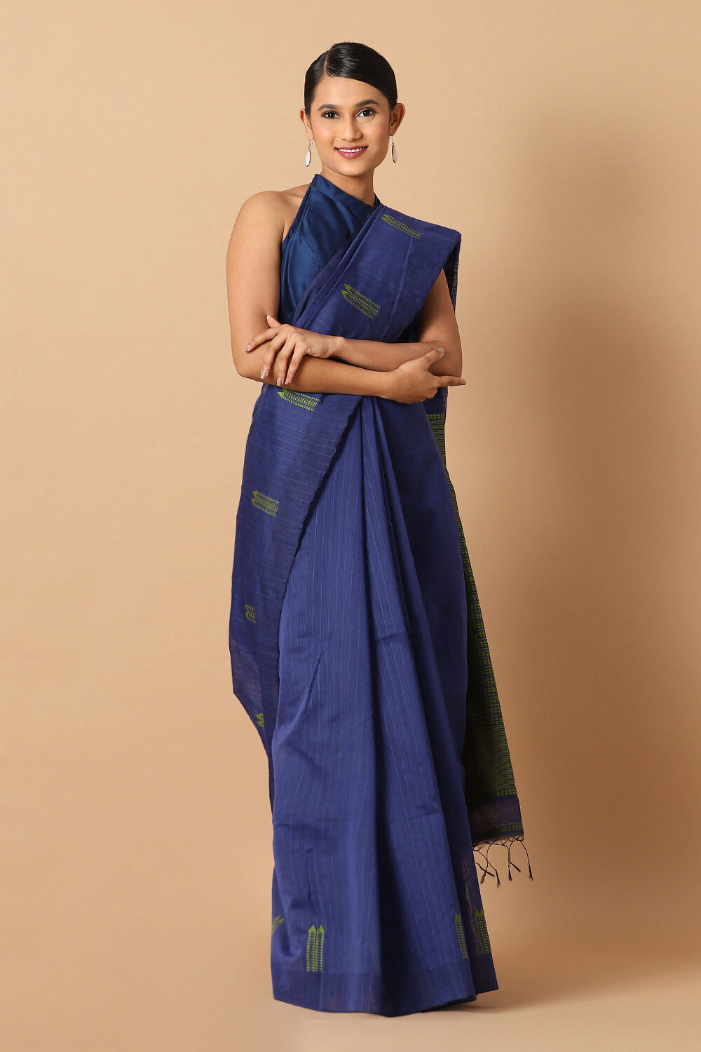 Dark Blue Pure Silk Cotton Bengal Saree image number null