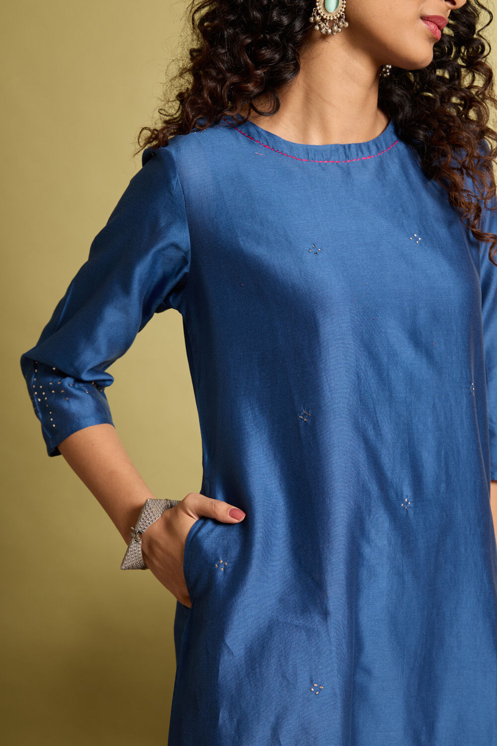 Blue Pure Silk Cotton Mukaish Embroidery Kurta Set image number null