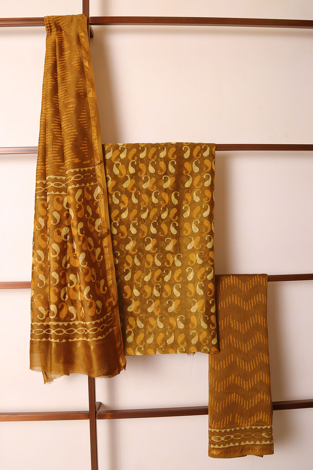 Ochre Yellow Block Printed Pure Silk Cotton Suit Set image number null