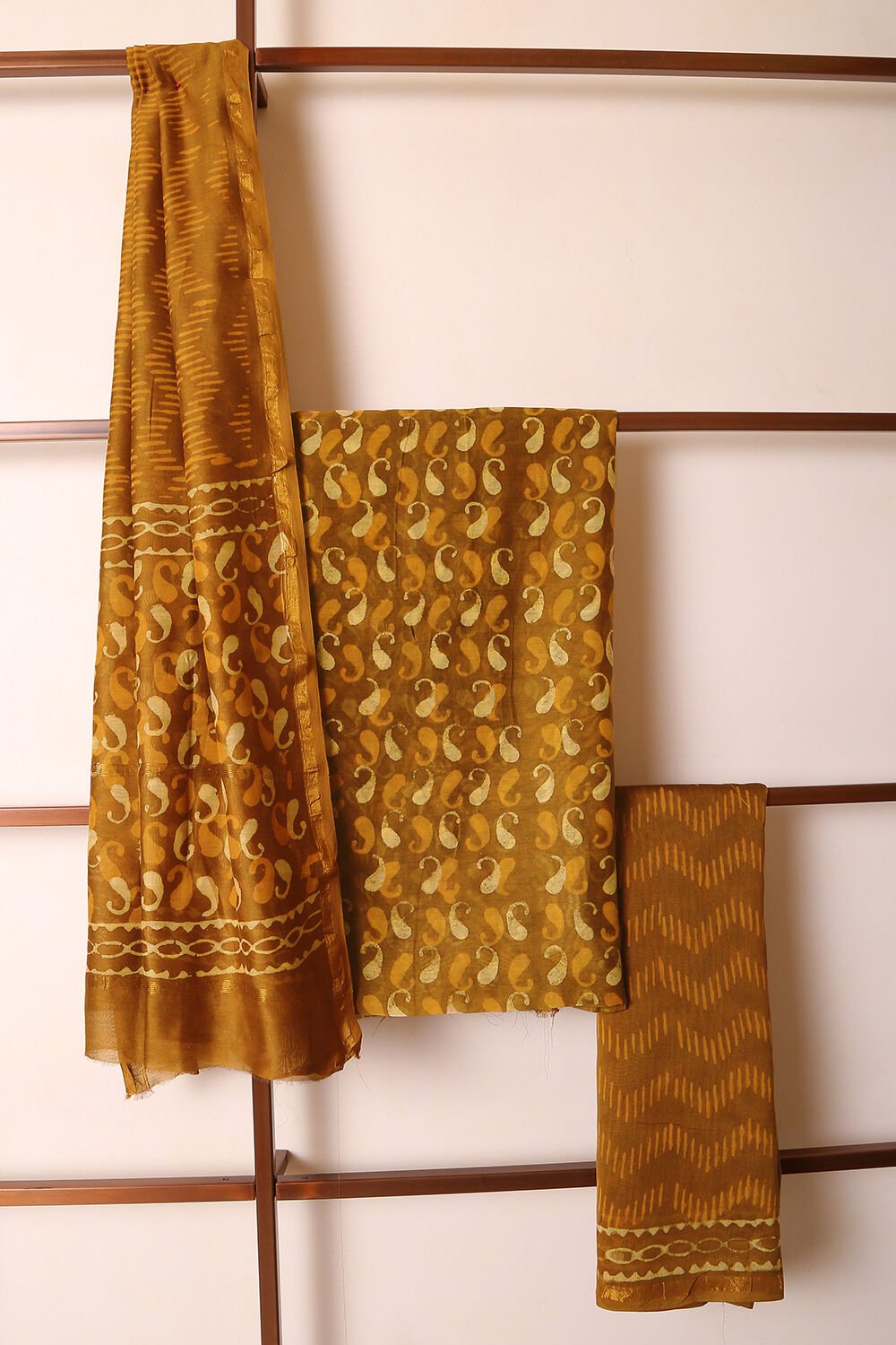 Ochre Yellow Block Printed Pure Silk Cotton Suit Set image number null