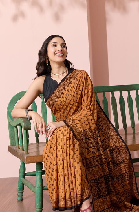 Yellow Bagh Block Printed Pure Cotton Saree