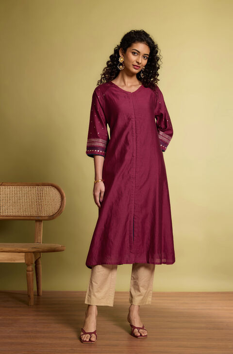Dark Pink Pure Silk Cotton Embroidered Kurta